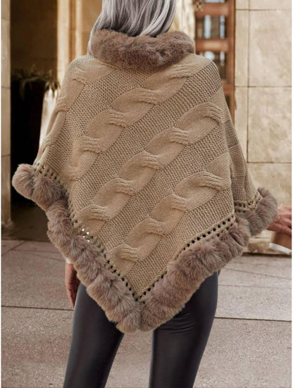 Taupe Solid Color Poncho with Faux Fur Collar – One Size