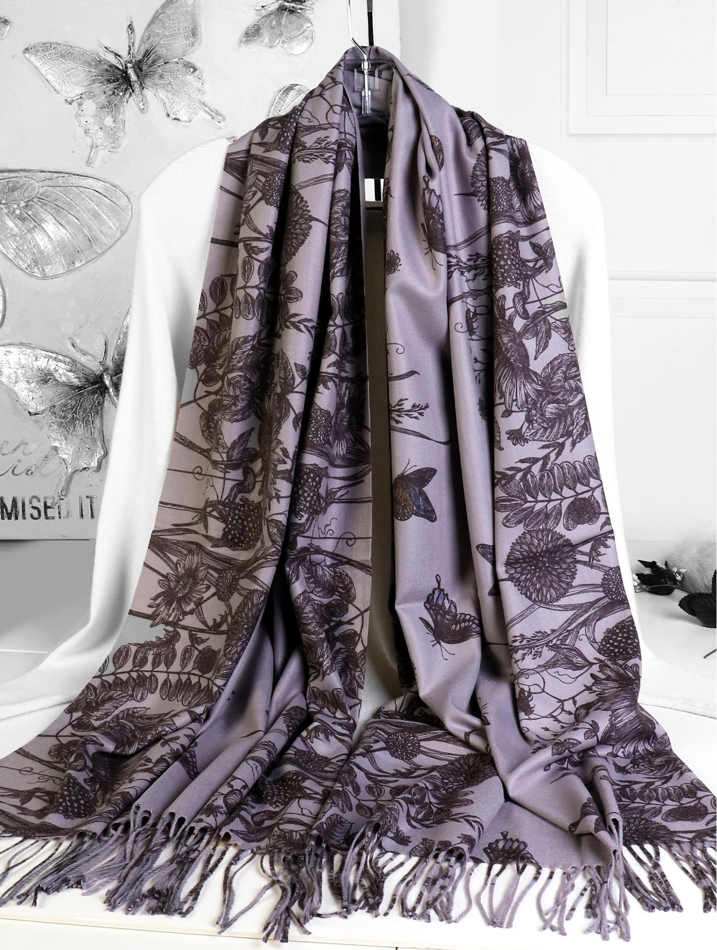 Grey Cashmere-Feeling Floral Scarf with Dark Grey Flowers