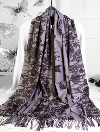 Grey Cashmere-Feeling Floral Scarf with Dark Grey Flowers