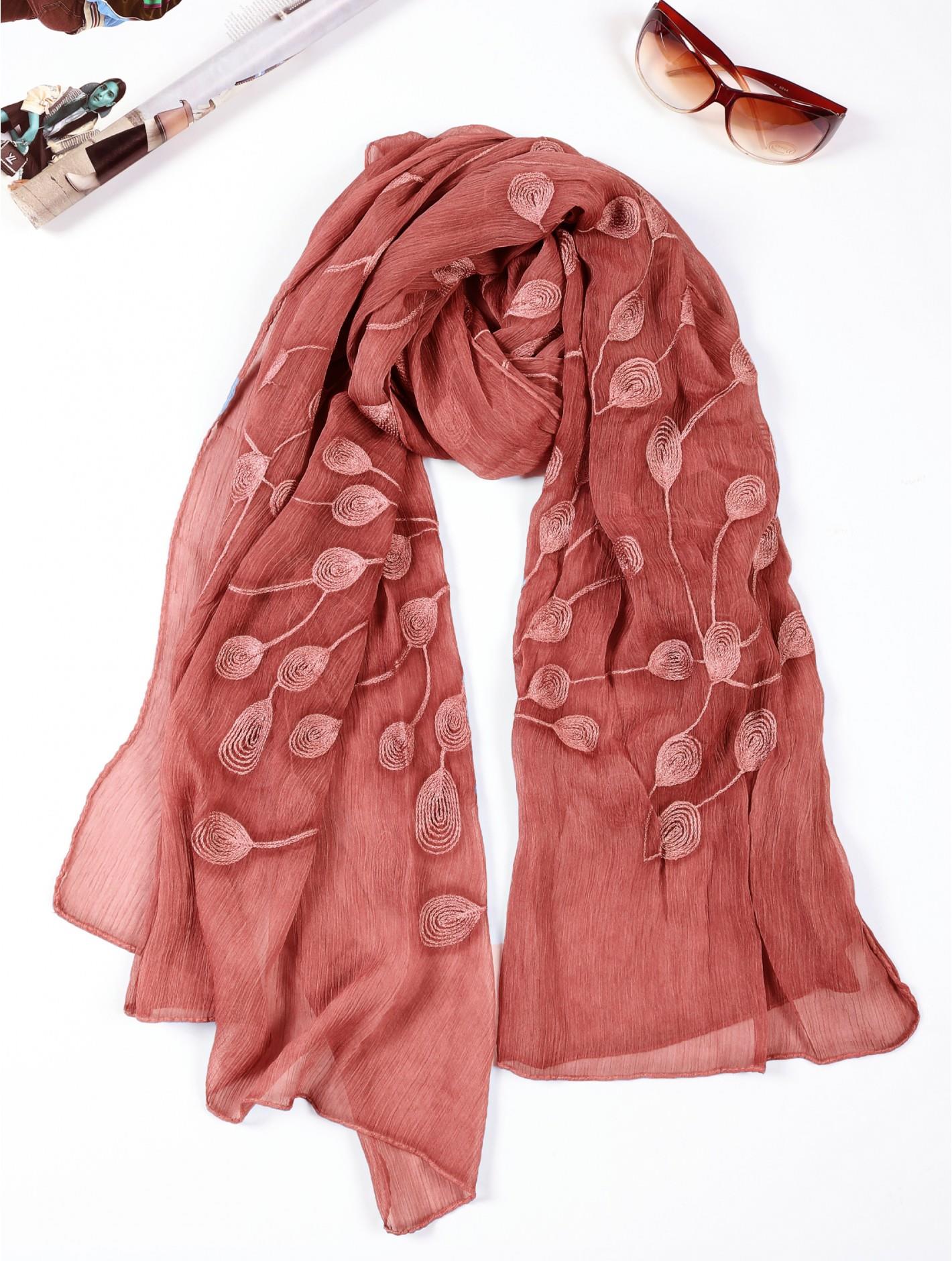 Burgundy Lightweight Scarf with Embroidered Leaves