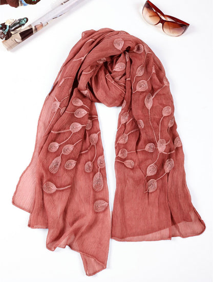 Burgundy Lightweight Scarf with Embroidered Leaves