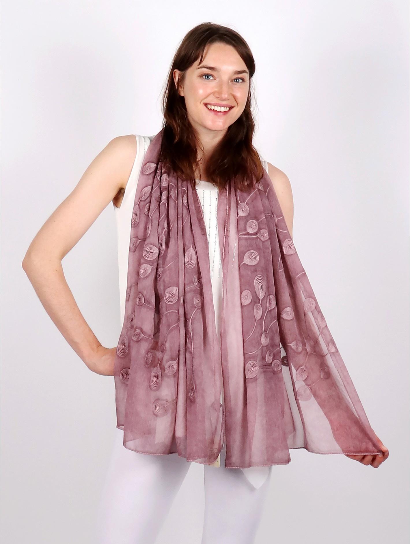 Mauve Lightweight Scarf with Embroidered Leaves