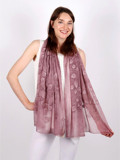 Mauve Lightweight Scarf with Embroidered Leaves