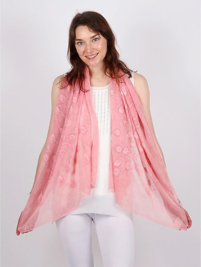 Pink Lightweight Scarf with Embroidered Leaves