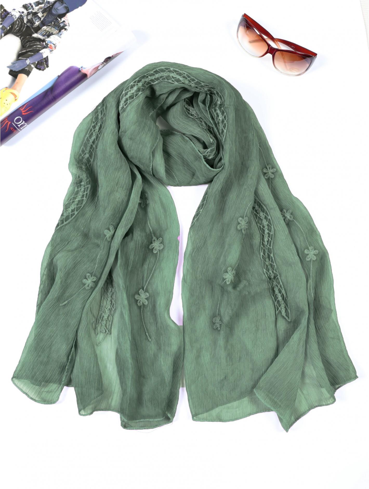Green Lightweight Flower & Lace Embroidered Scarf