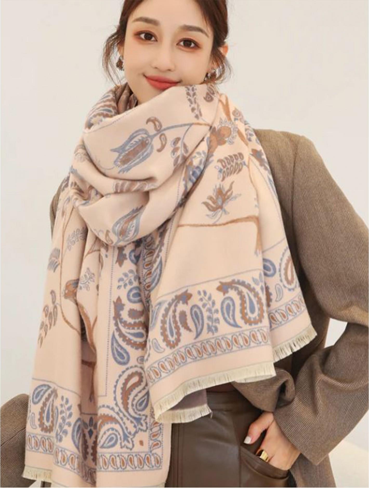Taupe & Blue Paisley Print Blanket Scarf
