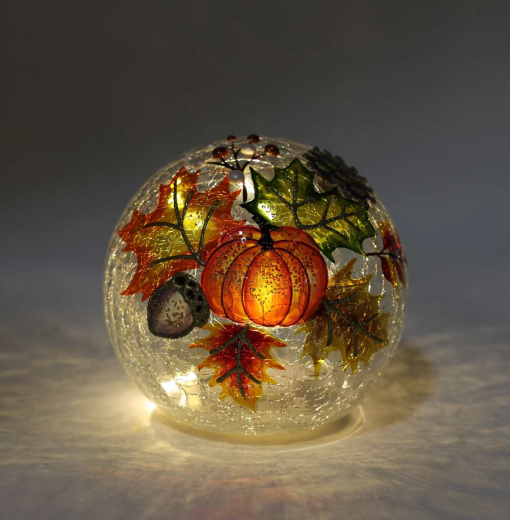 Crackle Glass LED Pumpkin & Leaves Ball