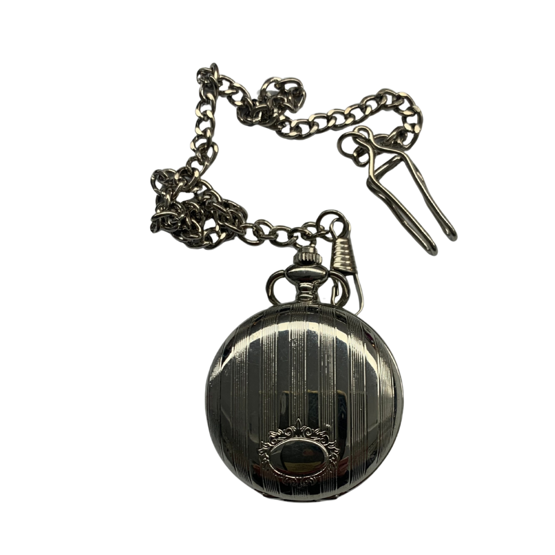 Bright Silver Pinstripe Pocket Watch with Engraving Oval