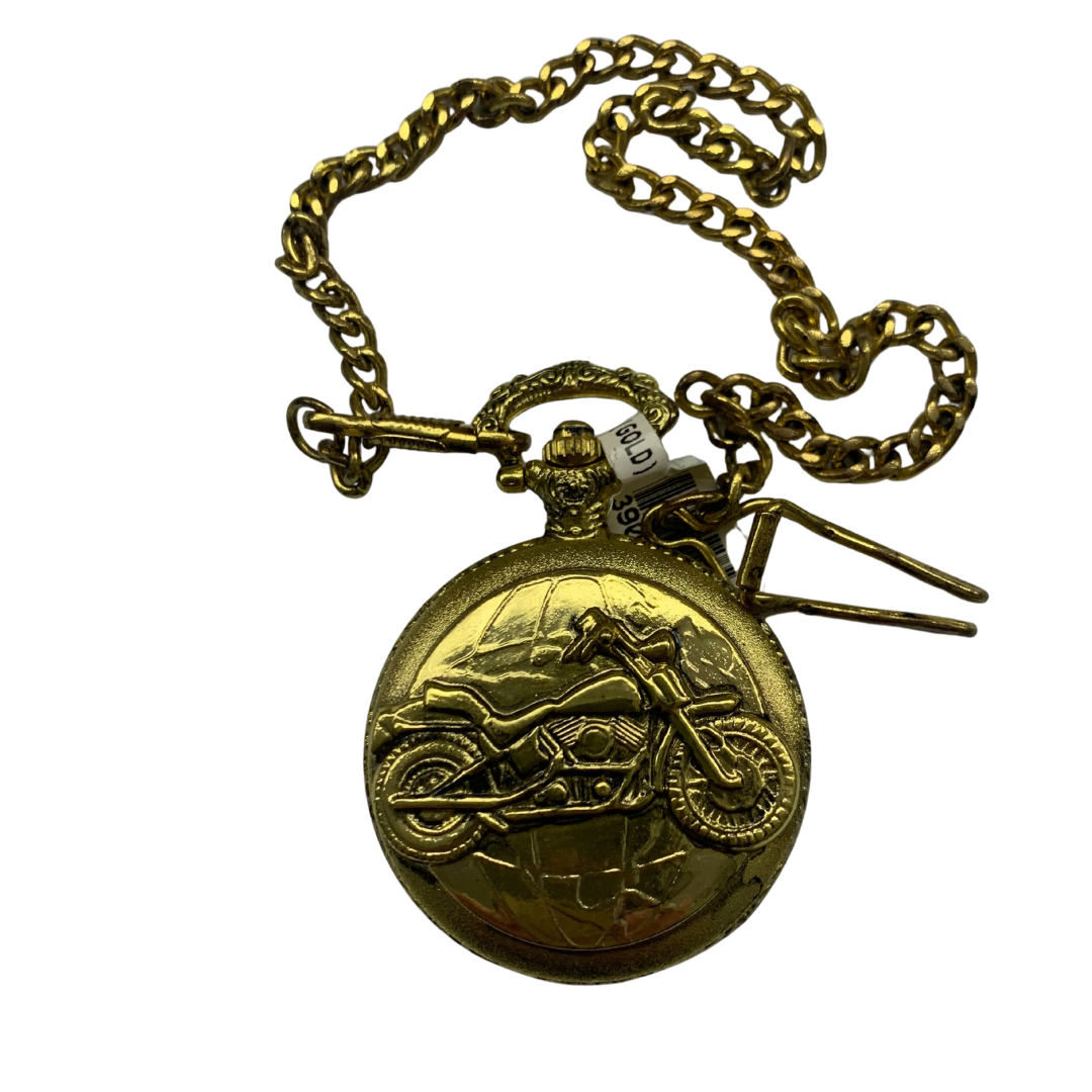 Bright Gold Pocket Watch with Embossed Motorcycle – Battery Operated