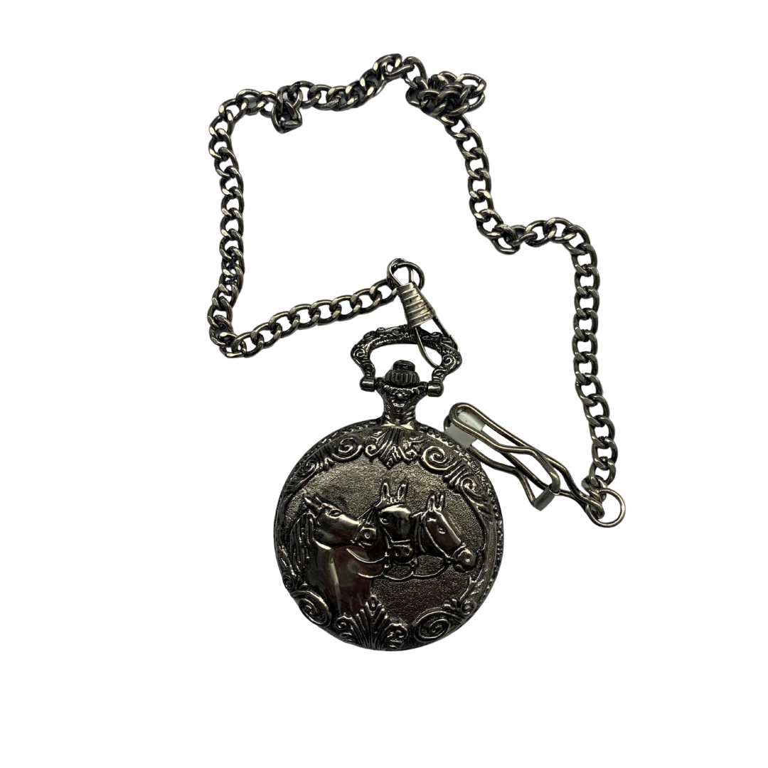 Silver Pocket Watch with Embossed Horses