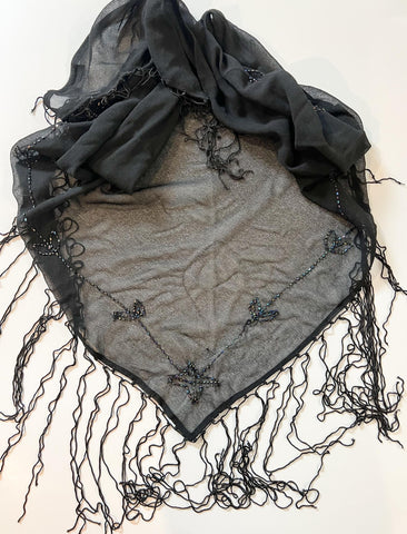 Black Beaded Shawl with Fringe