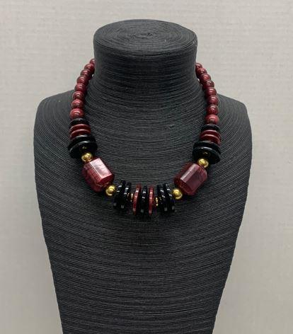 Maroon, Black & Gold Bead Necklace