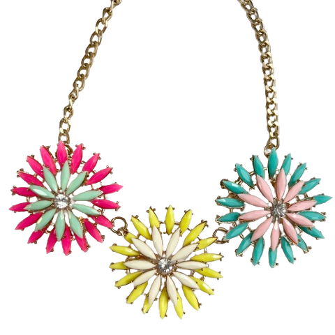 Necklace , Gold Tone Chain with 3 Large Pastel Flower Starbursts