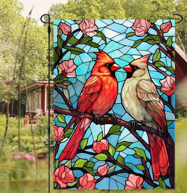 Garden Flag Stained Glass Look Cardinals