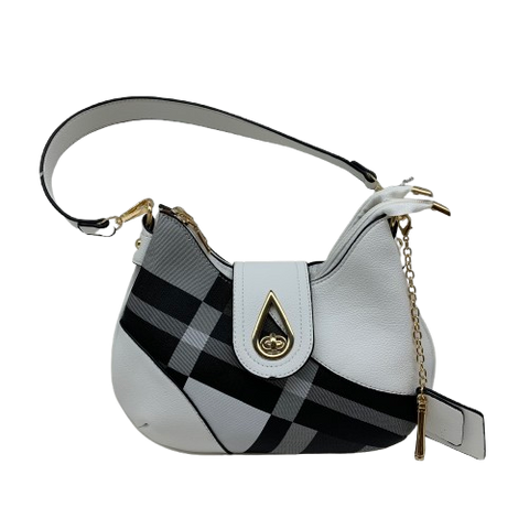 White Purse with Black Plaid Detail