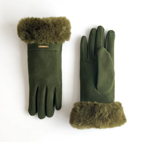 Olive Green Gloves with Fur Trim