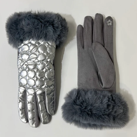 Silver Puffer Gloves with Fur Trim