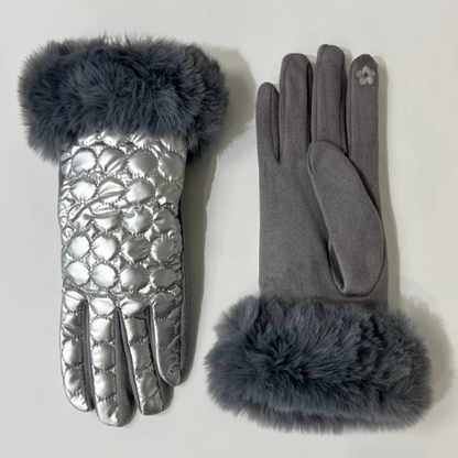 Silver Puffer Gloves with Fur Trim