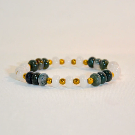 Stretch Bracelet | Rondelle Moss Grass Stone & White Jade Stone