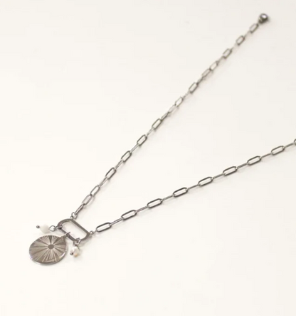 Short Necklace | Round Starburst Pendant. Silver