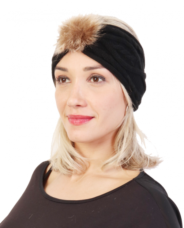 Black Knit Headband with Pom Pom