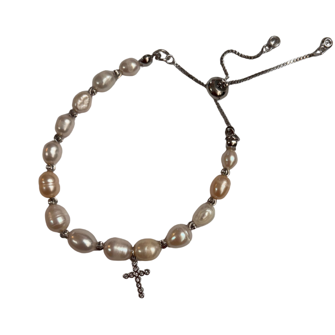 Natural Pearl Bracelet with Cross Charm