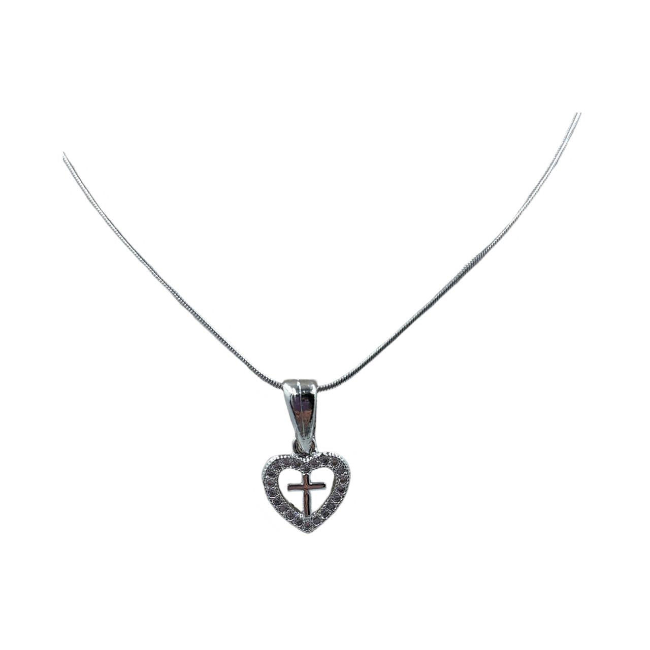 Heart Cross Necklace - Silver tone