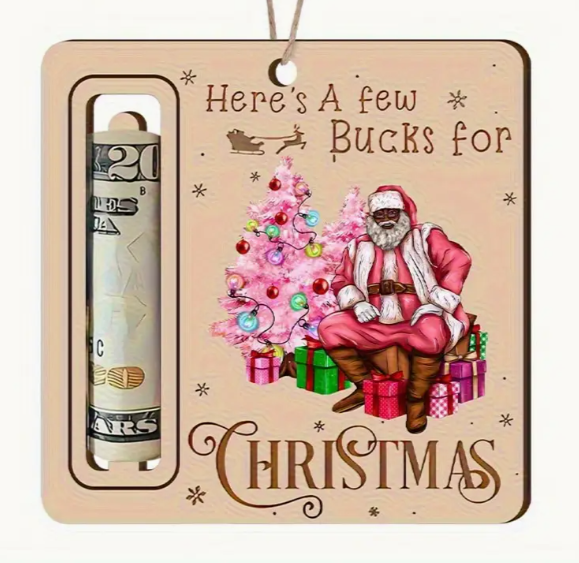 Wooden Money Holding Ornament with Black Santa