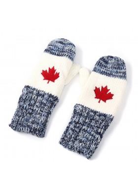 White Knit Mittens with Red Maple Leaf & Blue Trim