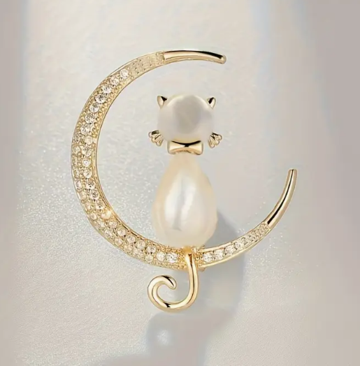 Cat on Rhinestone Moon Brooch