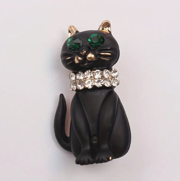 Black Cat Brooch – Gold, Rhinestone Collar & Emerald Eyes