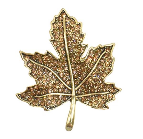 Gold Tone Maple Leaf Brooch with Amber Rhinestones