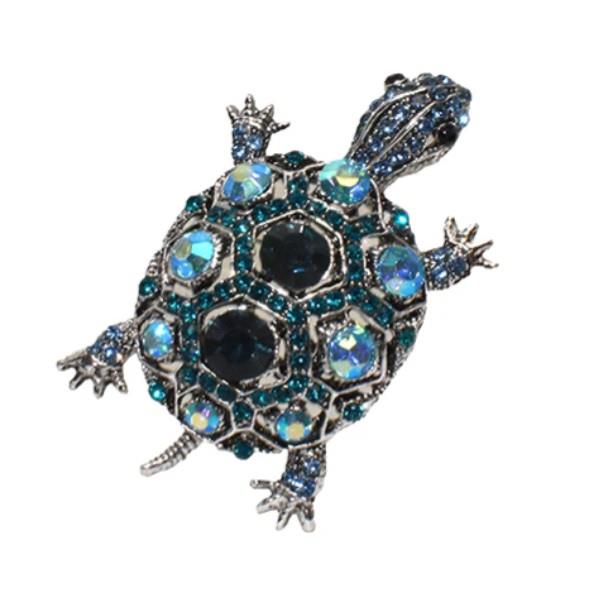 Silver Tone Turtle Brooch with Multi-Tone Blue Rhinestones