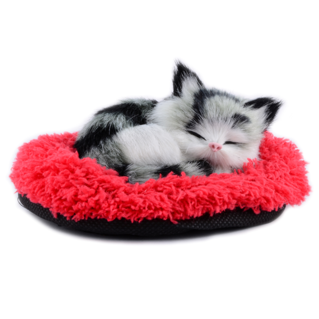 Faux Fur Grey & White Striped Sleeping Kitten – Meowing