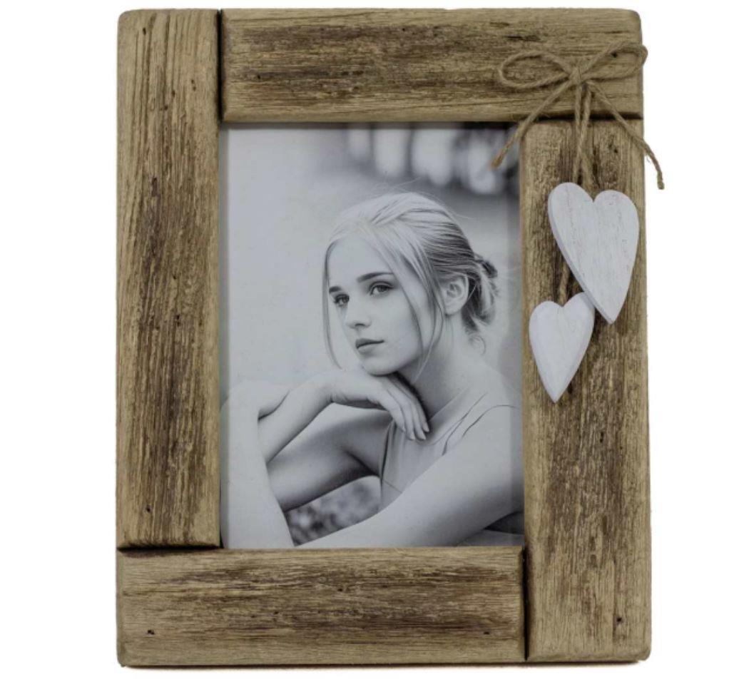 Driftwood Photo Frame with Hanging White Hearts – 5" x 7"