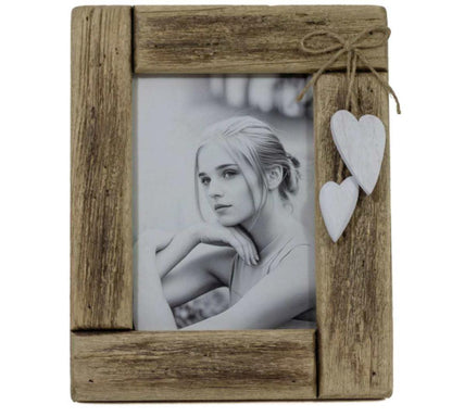 Driftwood Photo Frame with Hanging White Hearts – 5" x 7"