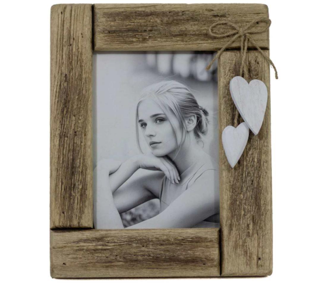 Driftwood Photo Frame with Hanging White Hearts – 4" x 6"
