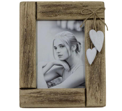 Driftwood Photo Frame with Hanging White Hearts – 4" x 6"