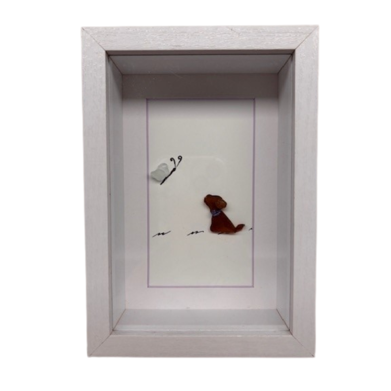 Dog Sea Glass Art – White Shadow Box Frame, 6 1/2" x 4 1/2"