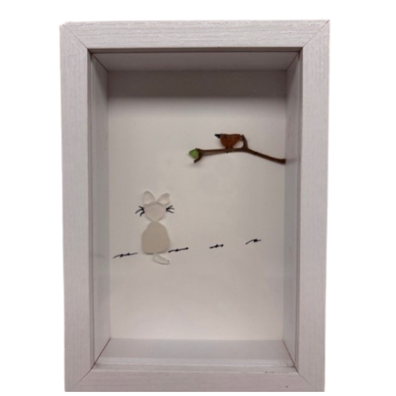 Cat Sea Glass Art – White Shadow Box Frame, 6 1/2" x 4 1/2"