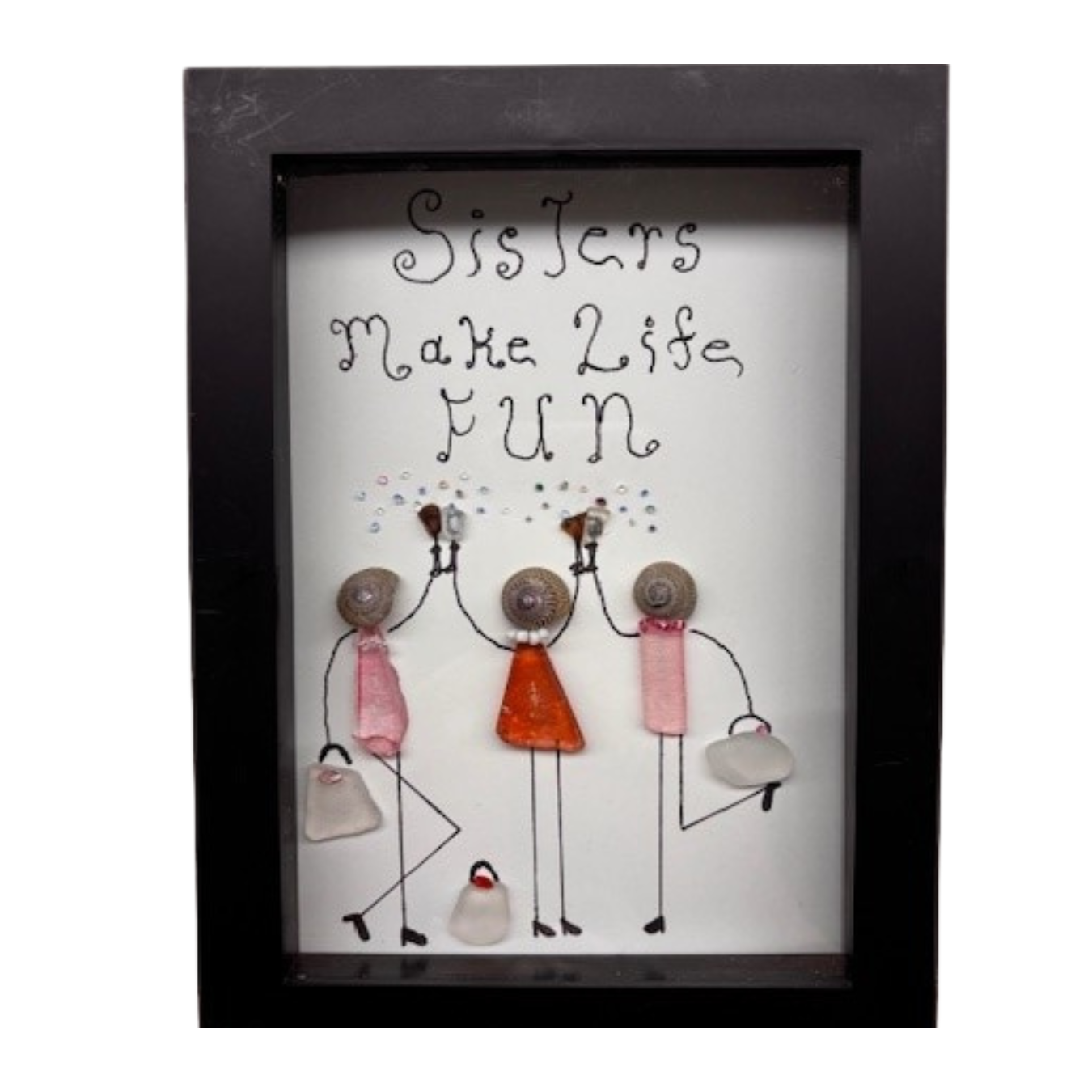 Sea Glass Art “Sisters Make Life Fun” – Three Sisters in Black Frame, 5 7/8" x 7 7/8"