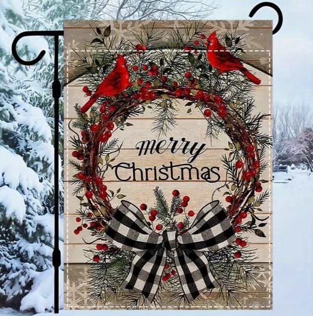 Merry Christmas Garden Flag with Wreath and Cardinals