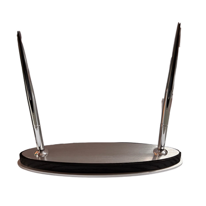 Double Silver Pen Set with Engravable Oval Base – Black Ink