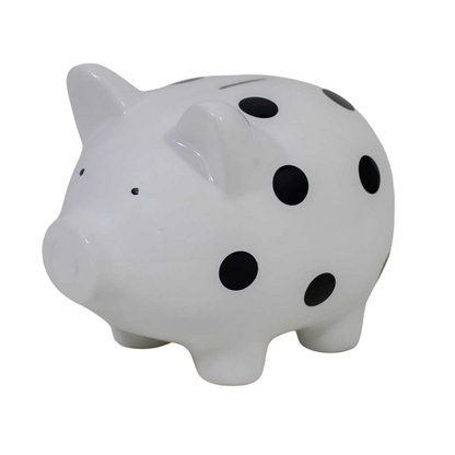 White Piggy Bank with Black Polka Dots