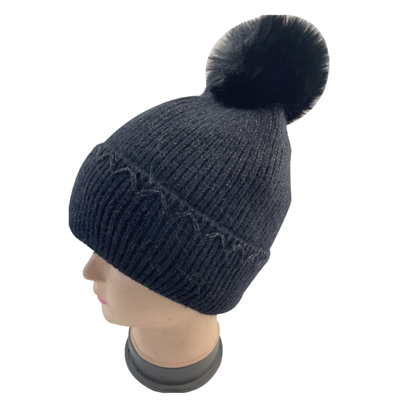Black Sparkle Knit Hat with Pom-Pom – Fleece Lined