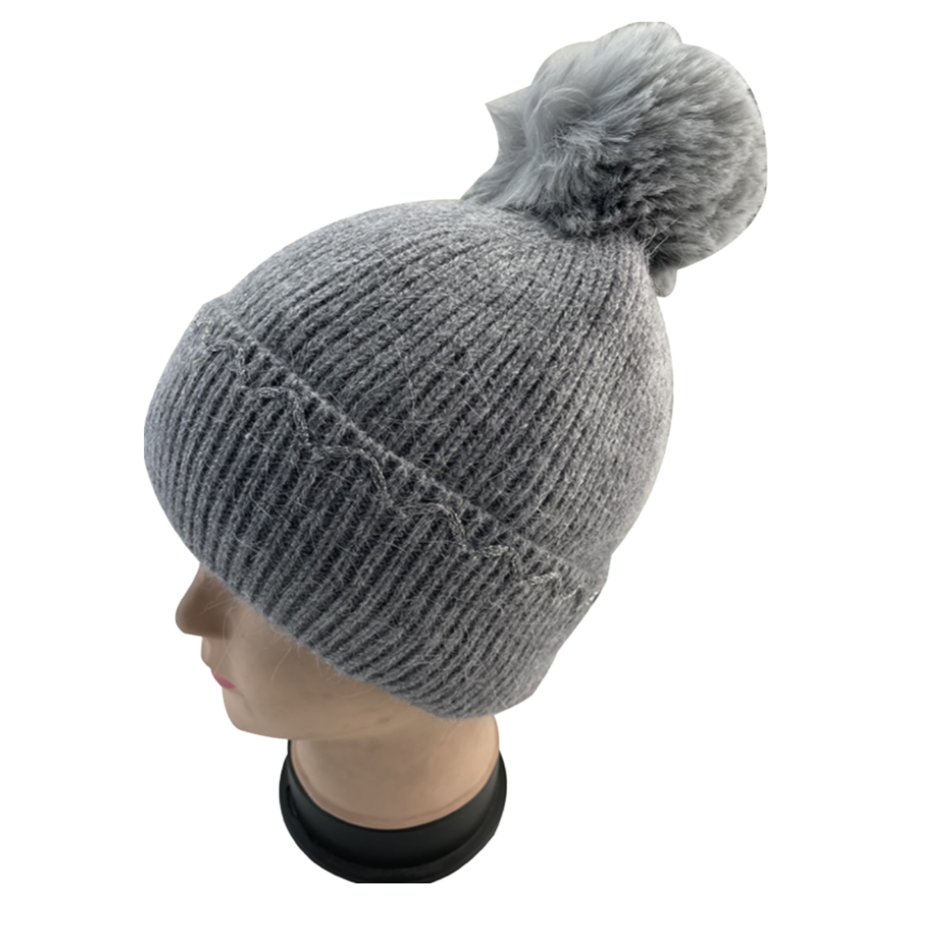 Grey Sparkle Knit Hat with Pom-Pom – Fleece Lined