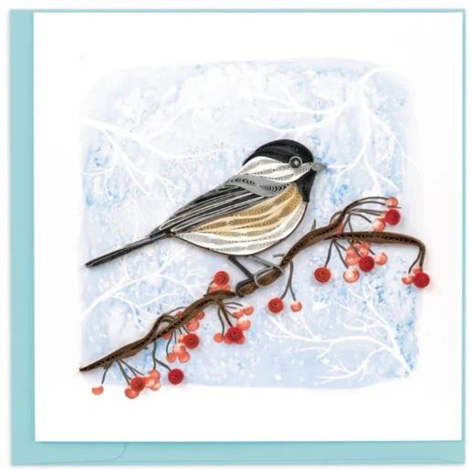 Handmade Quilled Winter Chickadee Card – 6x6 Blank Seasonal Greeting Card