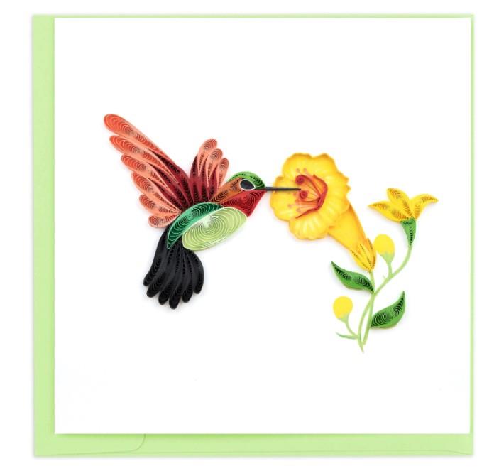 Handmade Quilled Hummingbird & Yellow Flowers Card – 6x6 Blank Greeting Card