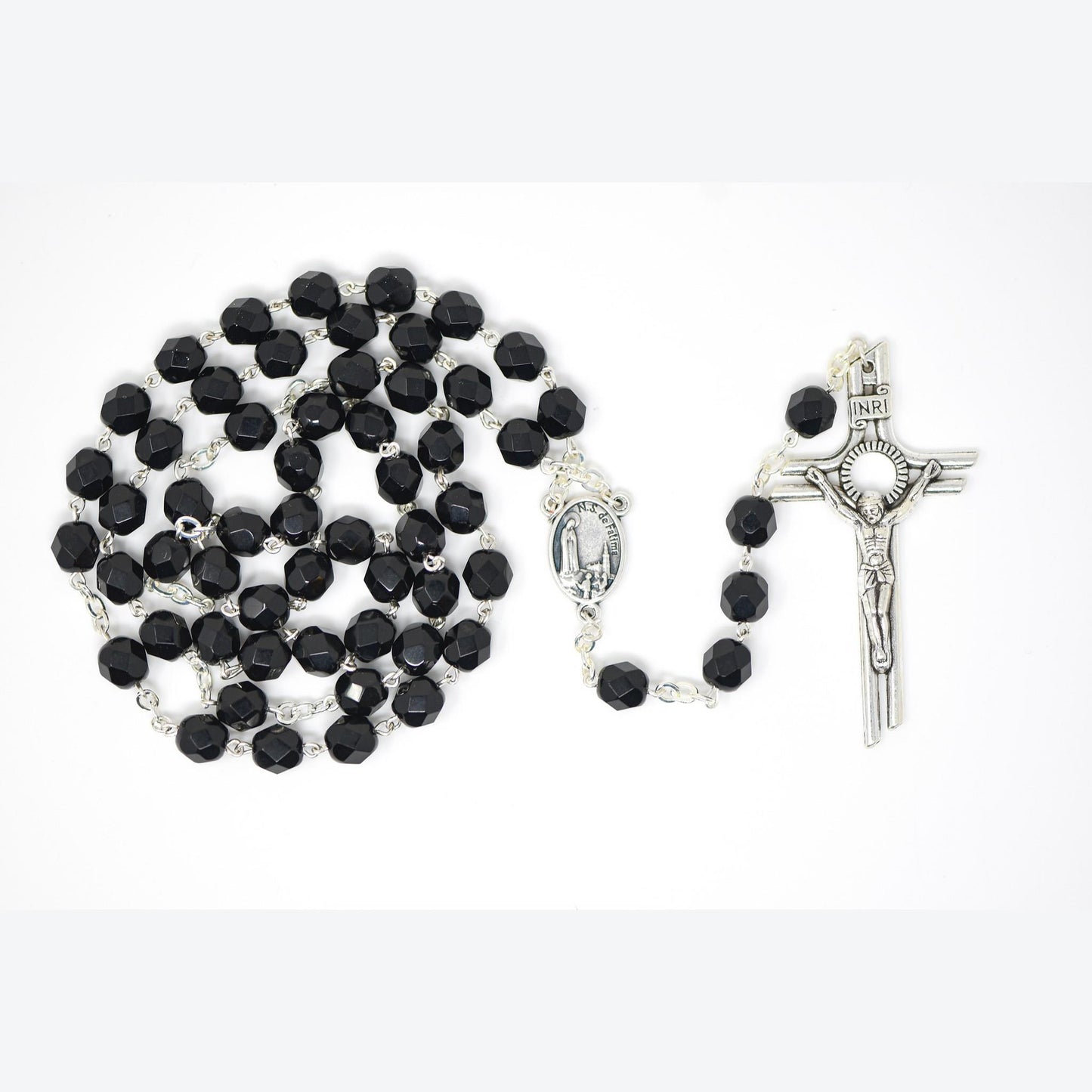 Black Crystal Rosary – Silver Crucifix