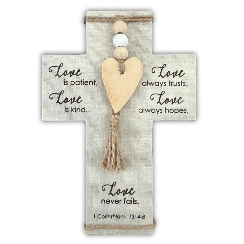 Love Is Patient Cross with Wood Beads and Heart